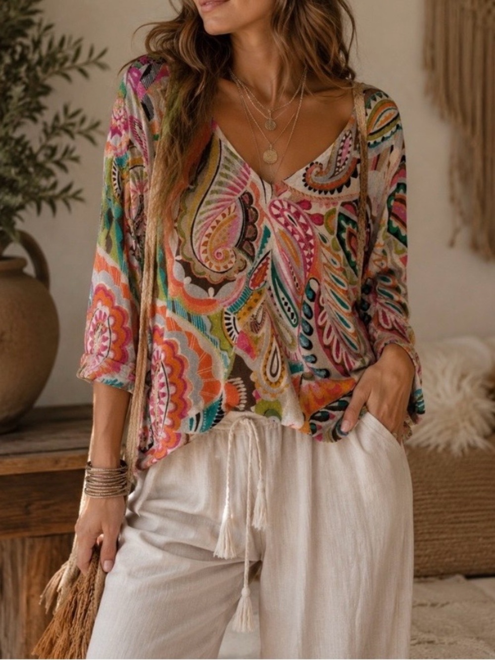 Chicos Sweater Top Paisley Print Long Sleeve V Neck Pullover Womens Small